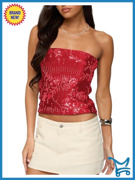 Tops - Sequin Tube Top Rhinestone Strapless Backless Sparkle Bandeau Top Y2K